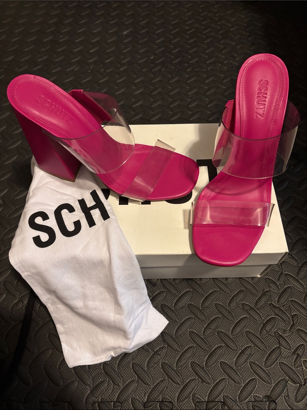 SCHUTZ Hot Pink Clear Strap Block Heel Sandals